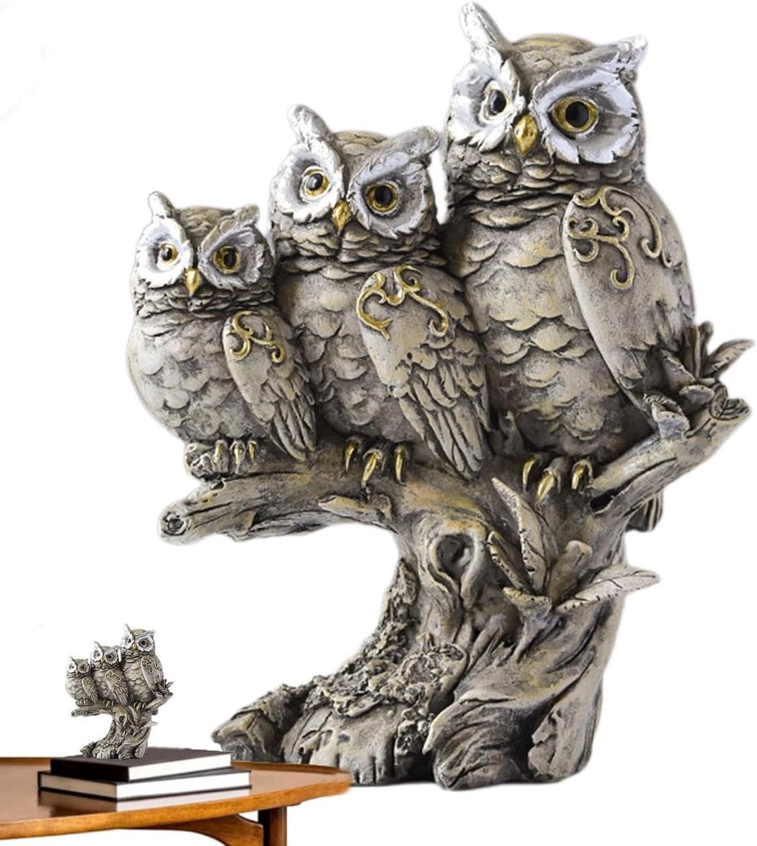 Grijs uil beeldje van handgesneden hars voor decoratie, Hoogte: 15 cm