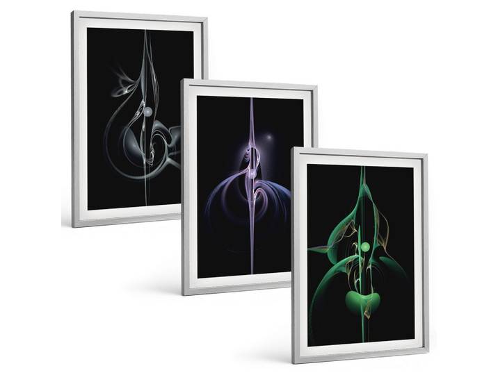BILDER SET 3er Set - 40x60 cm Silberner Rahmen - Abstrakte schwarze Farbmuster