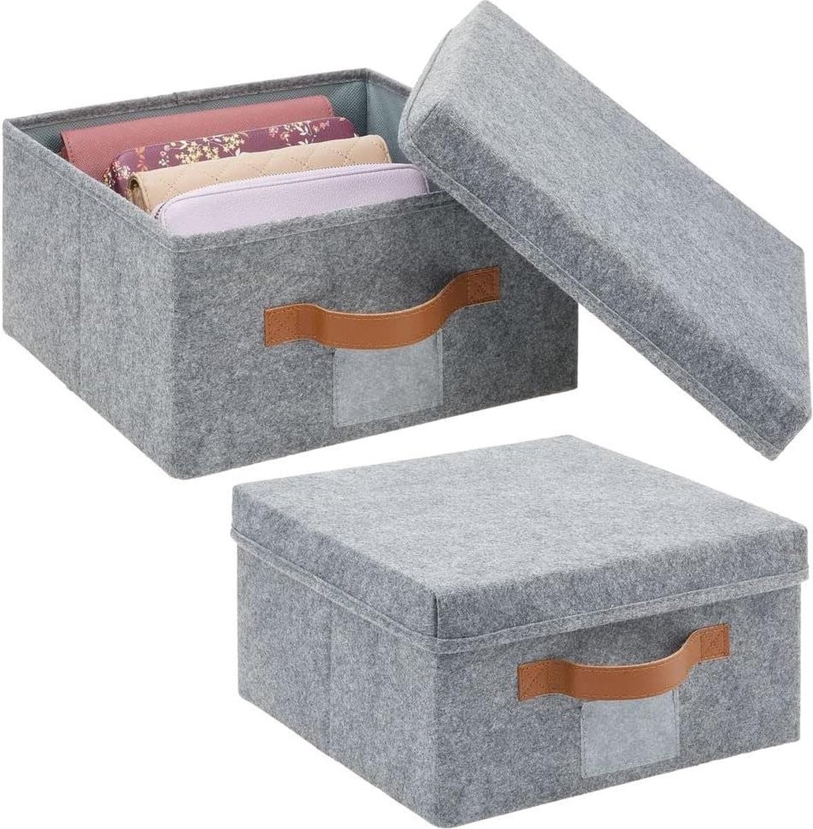 Set van 2 stapelbare opbergboxen met deksel en handvatten voor kleding en accessoires, grijs en geelbruin