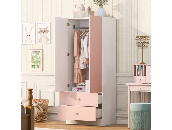 Modenuit Armoire chambre 70x40x170 cm 2 tiroirs rose et blanc