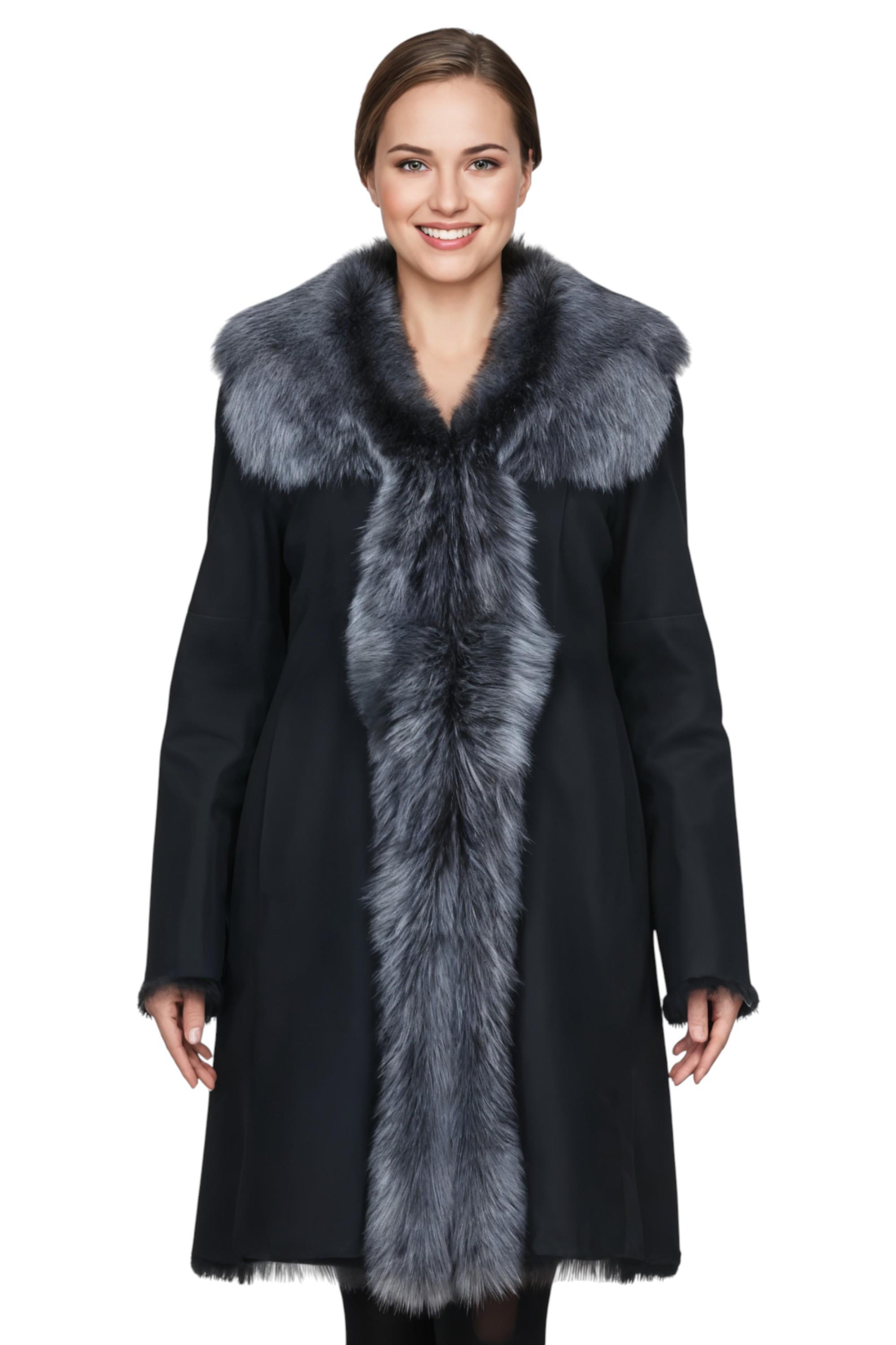 Schwarzer und silberner Trenchcoat aus toskanischem Schafveloursleder – Celeste