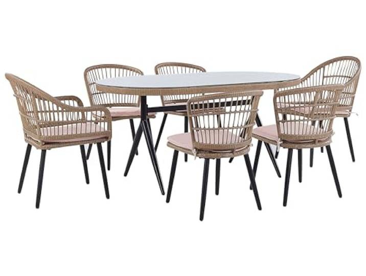Elegantes Gartenset 6-Sitzer aus Polyrattan Beige mit Auflagen in Rosa Aliano