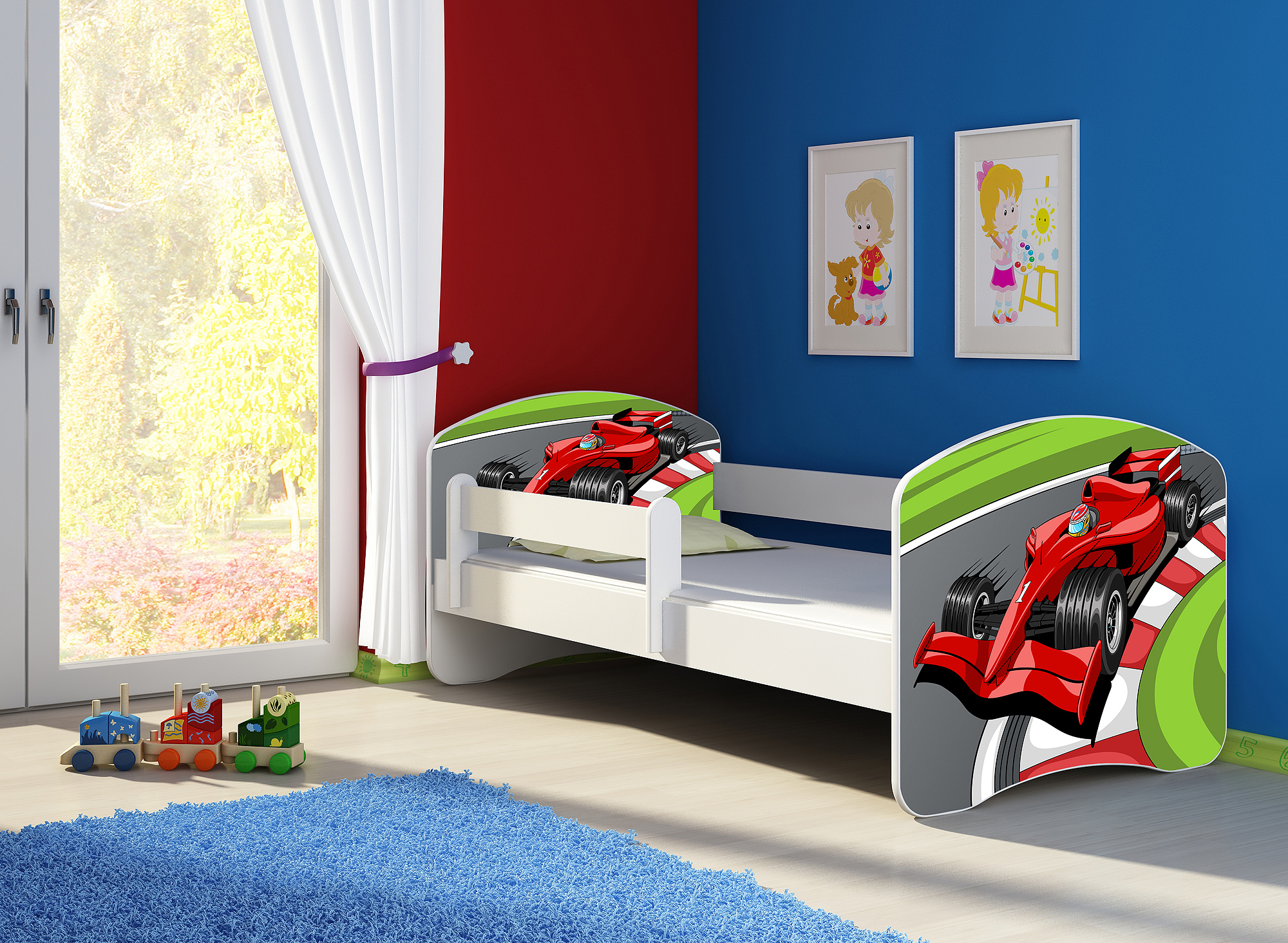 Kinderbett, Motiv, Schublade CLAMARO, Bett Farbe:06 Formula1, Mit Bettkasten:Mit Bettkasten, Bett Größe:180 x 80 cm