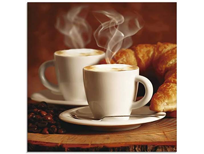 ARTland Wanddeko Glasbilder Wandbild Glas Bild einteilig Quadratisch Kaffee Coffee Cafe Cappuccino Kaffeebohnen Croissant Frühstück T5XO