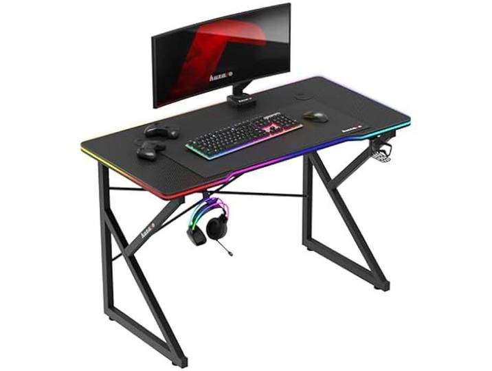 Bureau gaming - HUZARO - Hero 1.7 RGB - Éclairage LED 366 modes - Support casque - Porte-gobelet