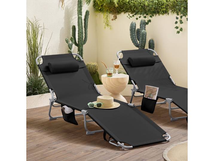 SoBuy OGS35X2 Lot de 2 Transat Jardin Extérieur Pliable Bain de Soleil avec Oreiller Chaise Longue Relax avec Poche Latérale Mobilier de Jardin pour Terrasse Plage Piscine 155x56x81 cm