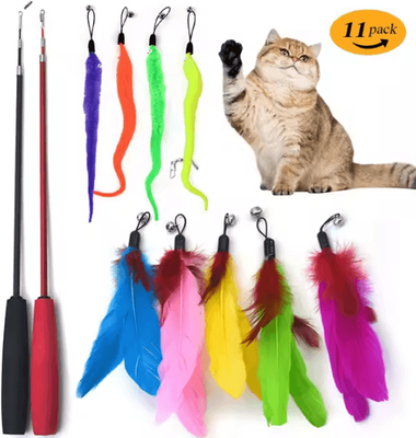 Inspire Curations Interactive Feather Teaser Wand For Cats With Retractable Fishing Rod 11 piece Set