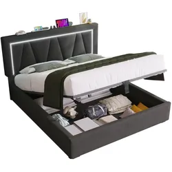 Polsterbett 140x200 cm mit USB Typ-C und LED-Beleuchtung, höhenverstellbares Kopfteil – Modernes Design in Grau