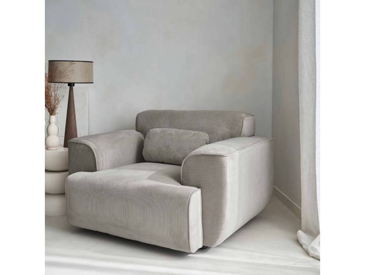 Fauteuil velours côtelé gris clair, coussin fourni