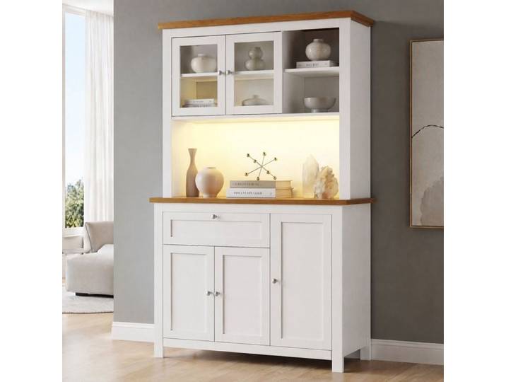 Buffet de cuisine haut vitré 104x40x180 cm en MDF métal LED App étagères réglables anti-basculement VEVXYN