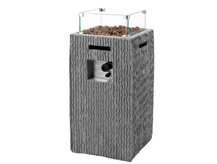 tepro Gasfeuerstelle Brighton – eckiger Gaskamin in strukturierter Betonoptik, Edelstahl-Brenner (13 kW), inkl. Zündung, Lavasteine, Regencover & Zubehör – Outdoor Feuersäule 40x40x90 cm