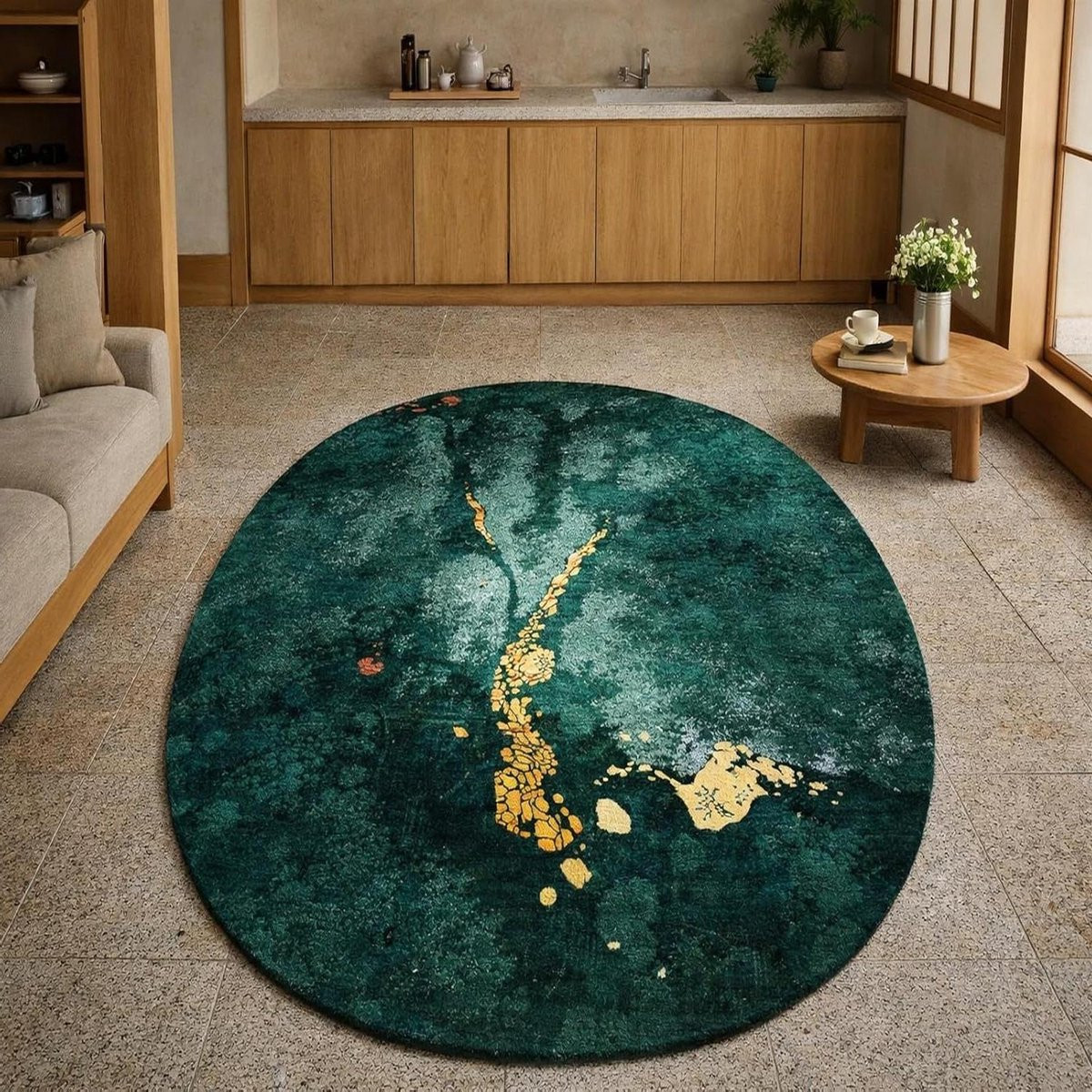 Ovaal Vloerkleed Abstract Groen met Zachte Korte Pool - 120 x 185 cm