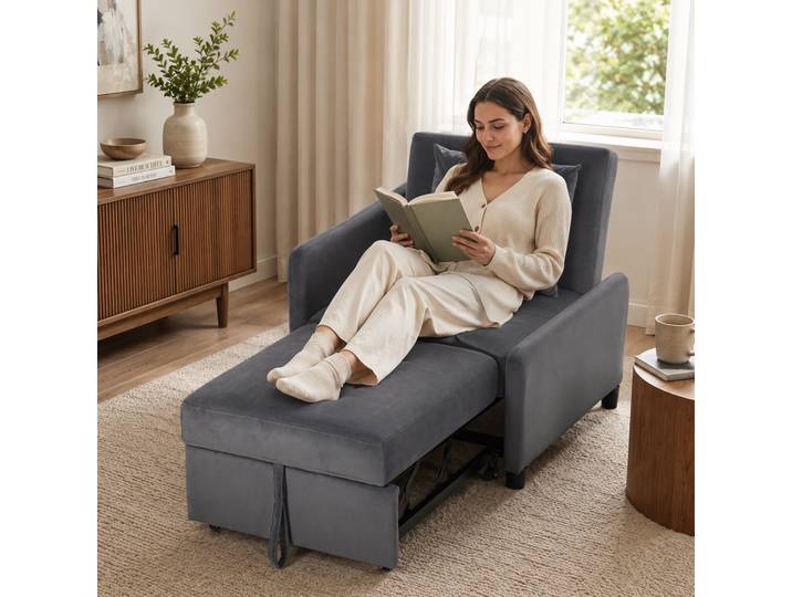 HOMCOM Fauteuil-Lit 1 Place 4-en-1 Velours Gris Inclinable