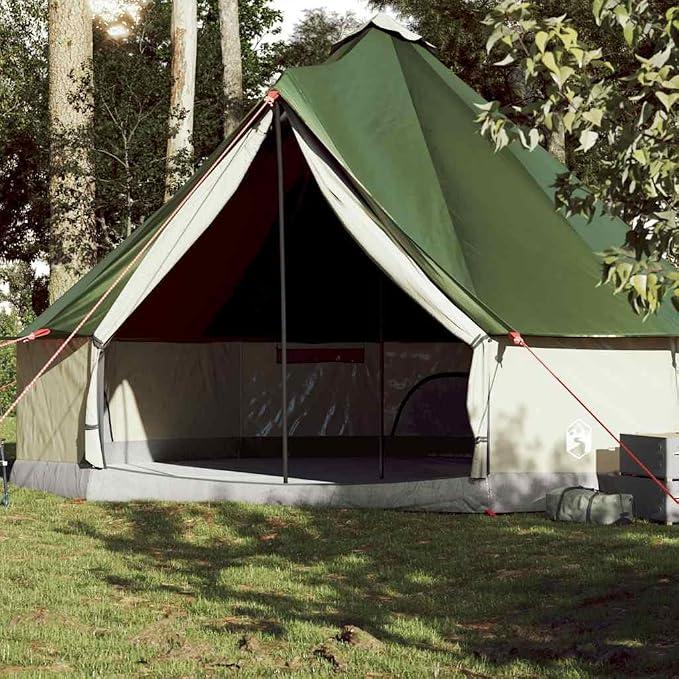 Tipi-Familienzelt 10 Personen Grün Wasserdicht | Polyester mit PolyurethanBeschichtung, E-Anschluss, Aufbewahrungstasche, Netzwände, faltbar mit Tragetasche