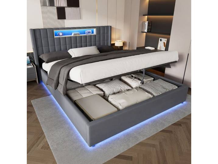 HOMVRA Lit Coffre LED 180x200 cm - Lit Adulte - Espace de Rangement - Velours Gris - Sans Matelas