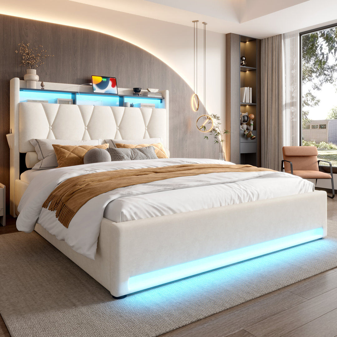 17 Stories Bed Beige 116.5cm H X 143cm W X 211cm L