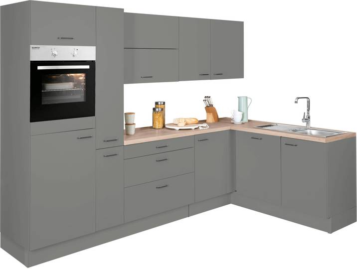 Winkelküche OPTIFIT Elga , grau (küche: grau, korpus: basaltgrau, arbeitsplatte: eichefarben hell), B:265cm T:175cm, Komplettküchen-Sets, Premium-Küche mit Soft-Close-Funktion, Stellbreite 265 x 175 cm