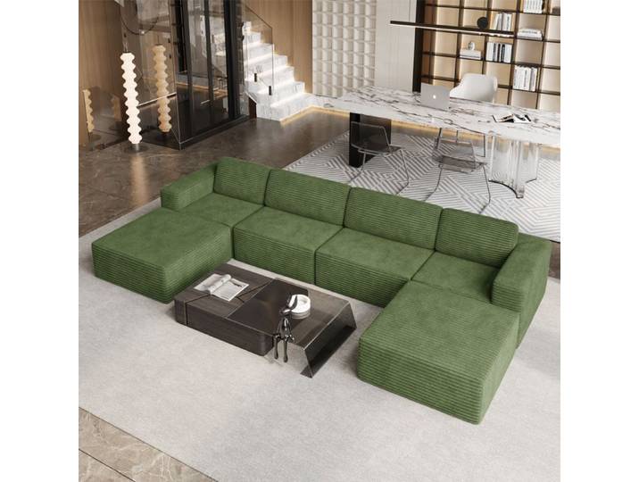 Grand canapé d'angle forme en U modulable en Velours Côtelé 6 places et 2 pouf 404x202x82cm Vert