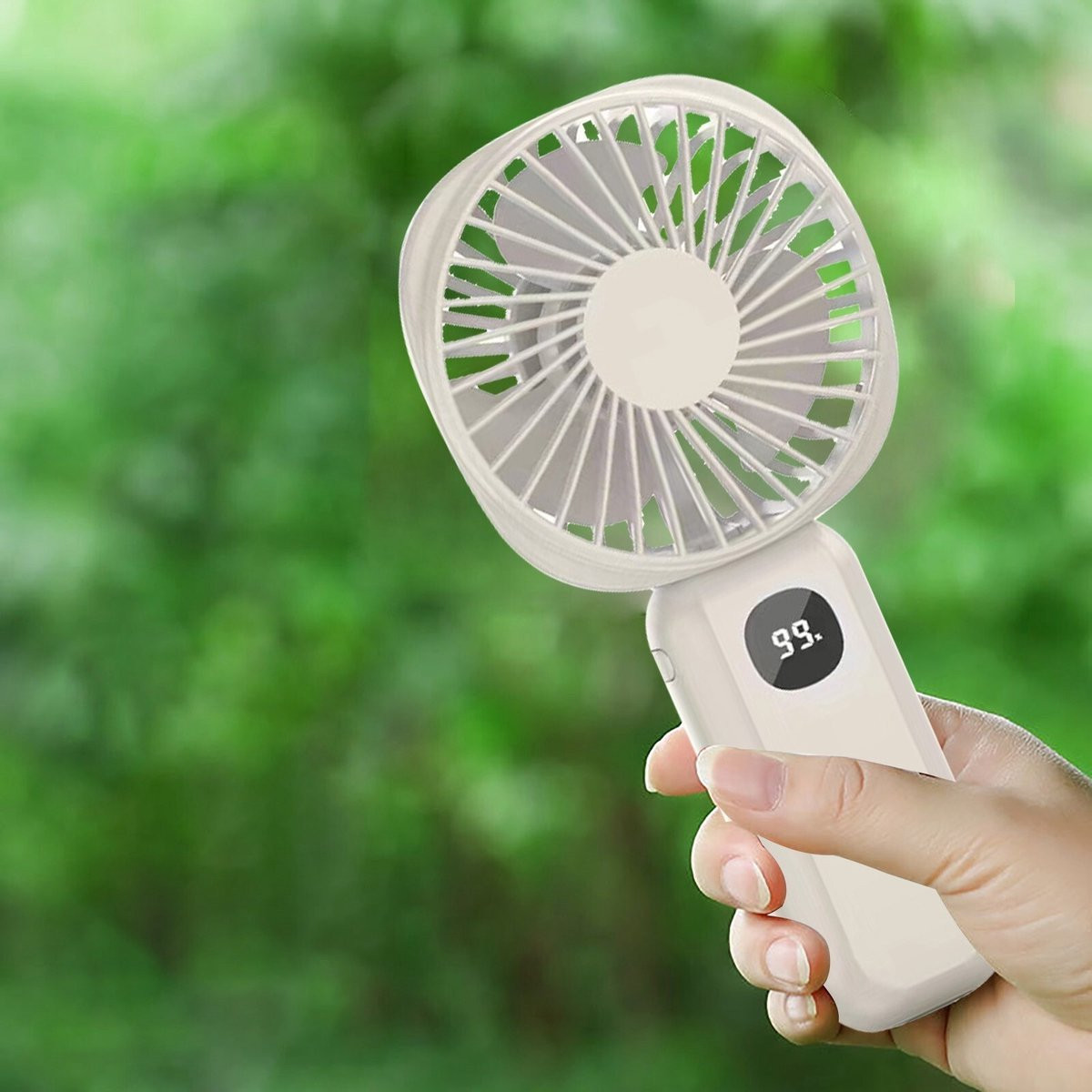 Draagbare oplaadbare mini-ventilator met handvat en auto-modus, blauw-wit