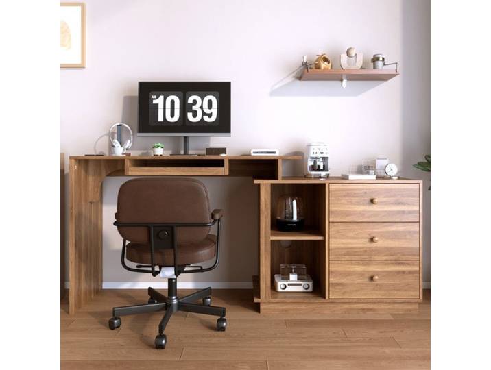 Comfyu - Bureau d'ordinateur extensible avec 3 tiroirs plateau pour clavier et étagères ouvertes adapté aux études et au bureau