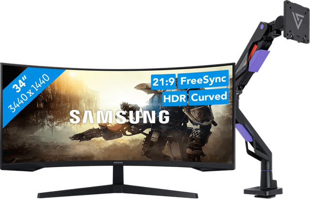 Samsung Odyssey G5 LC34G55TWWPXEN Curved QHD 1440p 165Hz Monitor met Vortech Gasveer Monitorarm