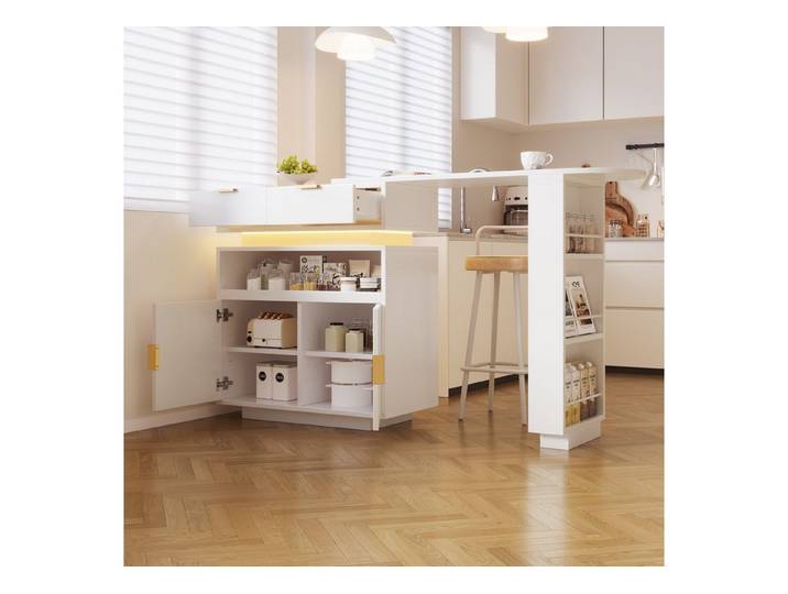 STILVORA Bartisch mit Stauraum ausziehbare Kücheninsel mit LED 360° Drehfunktion Weiß (Ausziehbarer Kücheninsel mit Stauraum, mit offenen Snackregal und verstellbare Einlegeböden), für Küche und Esszimmer