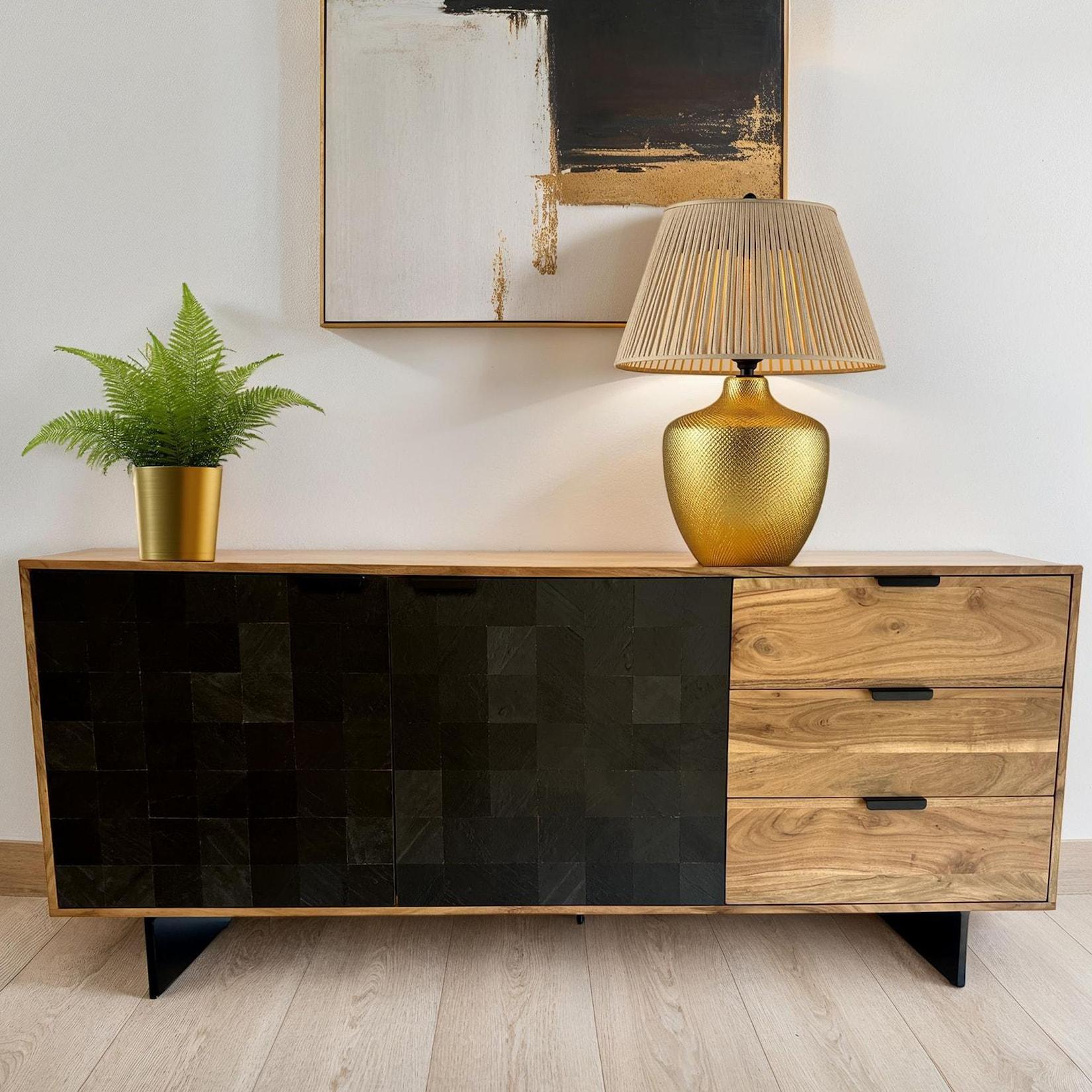 Sideboard FineBuy 175 cm Massivholz Steinoptik Kommode Anrichte Türen Schubladen