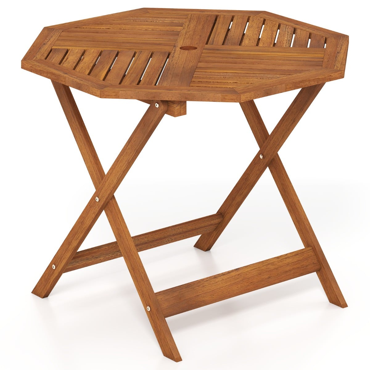 Costway Achthoekige Tuintafel van Massief Hout met Parasolgat, Breedte: 90 cm