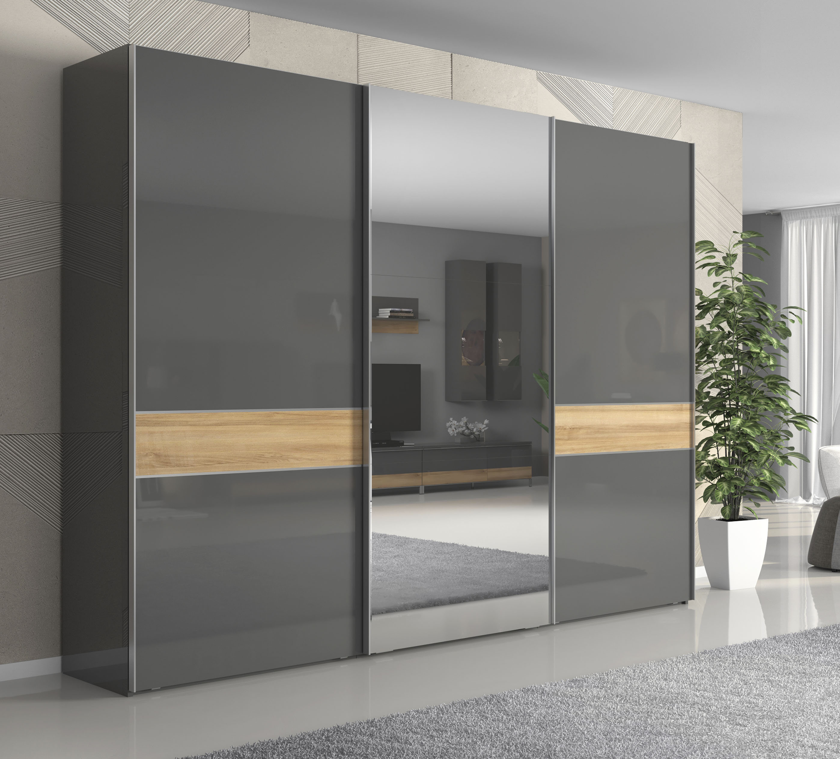 Schwebetürenschrank GOODPRODUCT "Onyx, Schwebetürenschrank inklusive Innenleben, FSC-zertifiziert", grau (anthrazit, walnussfarben), B:272cm H:224cm T:61cm, Holzwerkstoff, Schränke, Schwebetürenschrank, UV lackiert, hochglänzend anthrazit, mit Soft-Close 