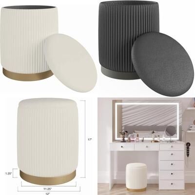 Combo Retail Shop White Velvet Storage Ottoman And Footrest Vanity Stool, Round Compact Chair With Hidden Storage For Small Spaces White Velvet Storage Ottoman And Footrest Vanity Stool, Round Compact Chair With Hidden Storage For Small Spaces