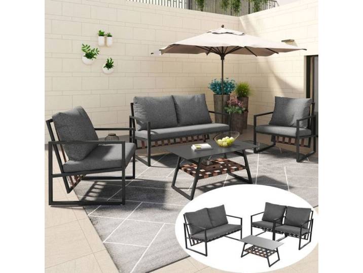 Salon de terrasse complet 4 personnes canapé table basse coussins amovibles PVC résistant aux UV meuble ex SALON BAS DE JARDIN