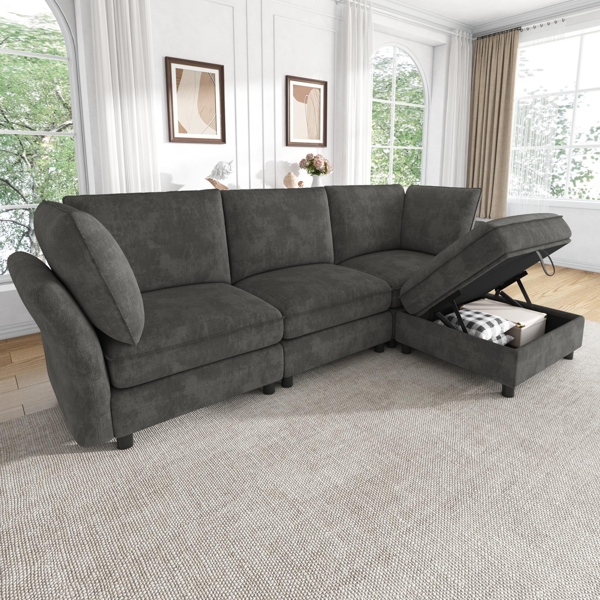 Modulares L-Ecksofa, Stauraum-Hocker, Cloud-Sofa, Chenille, 4-Sitzer, montagefrei (Grey)