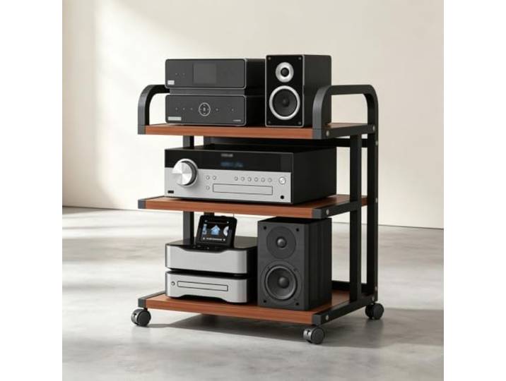YHTCSXMD Mobiles HiFi Rack mit Rollen, 3/4/5 Ebenen Stahlrahmen 2,5 cm Holzoptik-Ablagen, Audio Rack mit Bremsen für Wohnzimmer, Büro und Geschäft