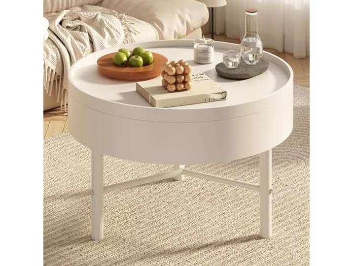 SAJMN Runde Couchtische für das Wohnzimmer, stilvoller Mitteltisch, cremefarbener Beistelltisch, stabiler Metallrahmen, robust und einfach zusammenzubauen