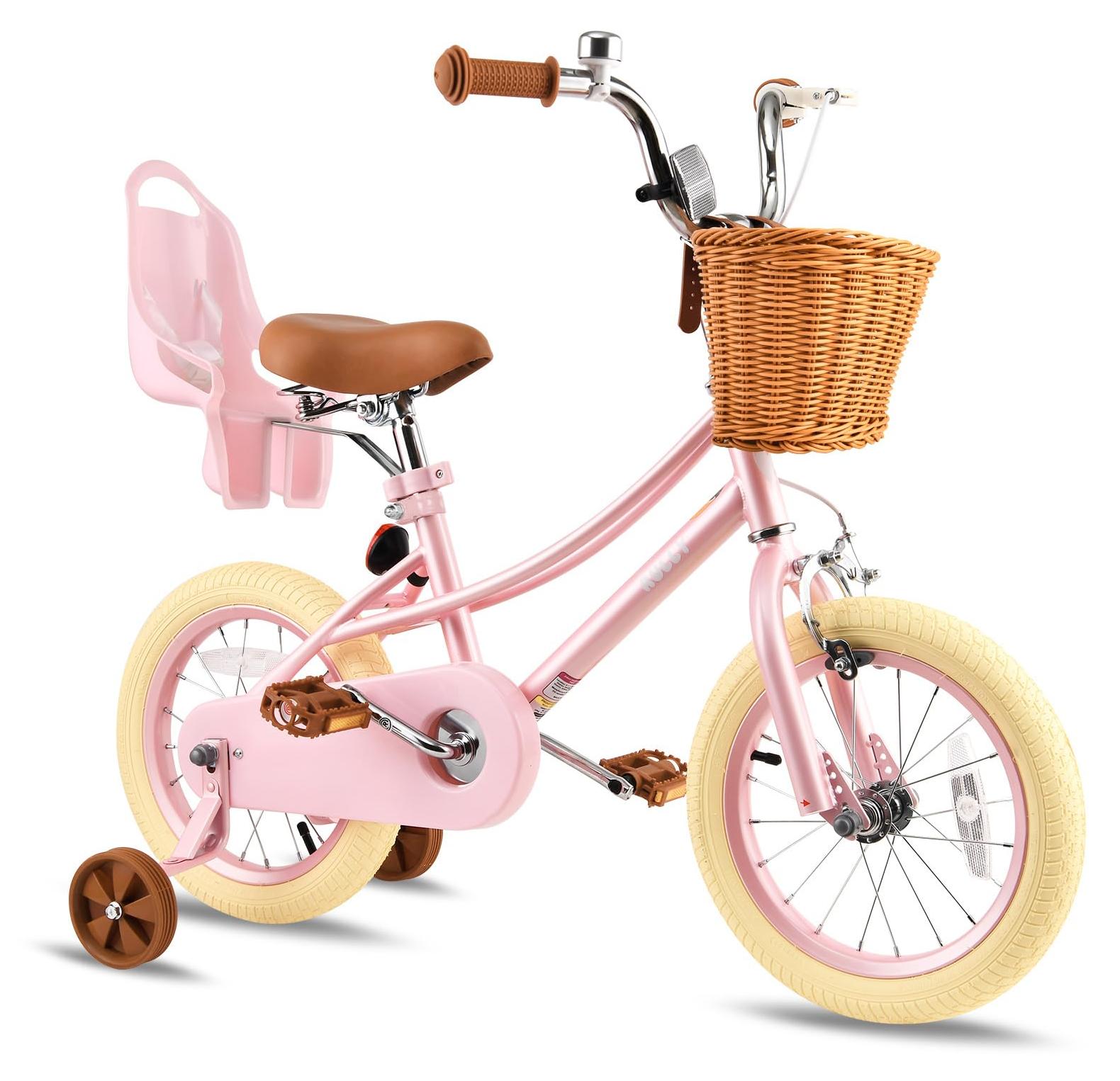 12-Zoll Kinderfahrrad mit Stützrädern und Korb, Rosa, Retro-Stil