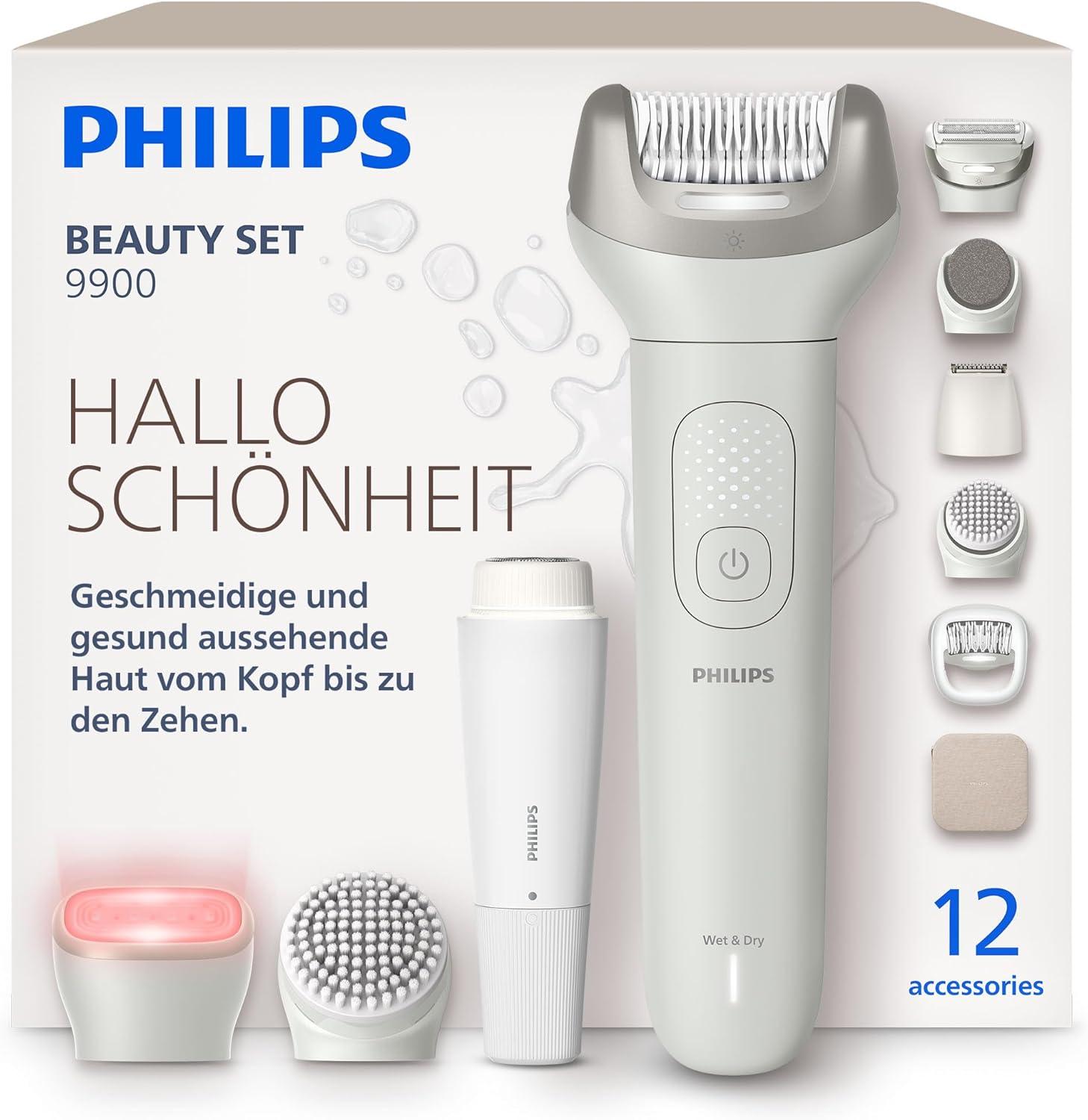 Philips Beauty Set 9900 BRE749/00 Beauty-Set, Grau, 32 Pinzette, Depilation, Exfoliation, Präzision, Rasieren, Glättende Pedikürrolle, 70400 RPM, Akku, Integrierte Batterie
