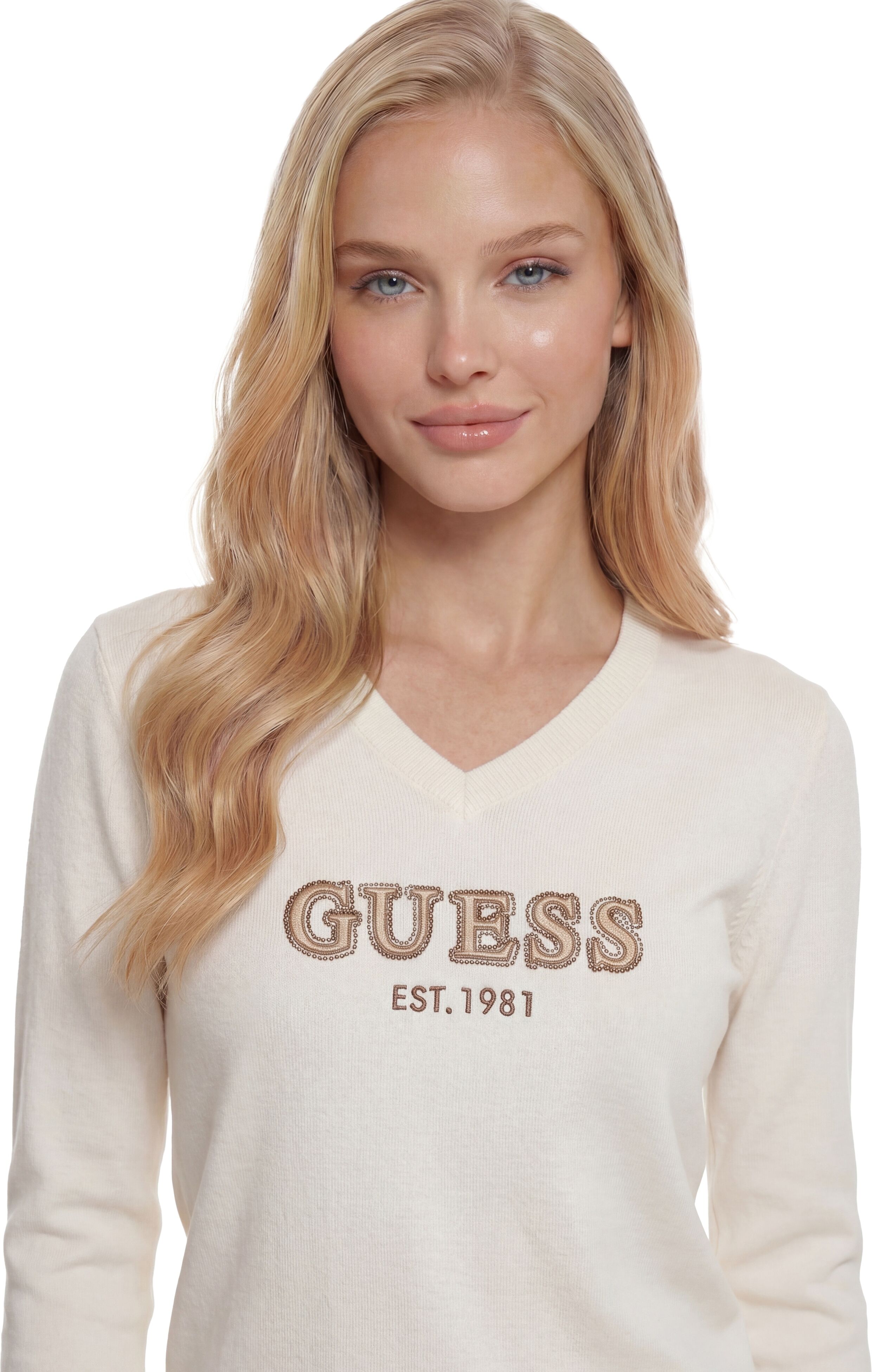V-Ausschnitt-Pullover GUESS "LS VN HANNAH LOGO SWTR", Damen, Gr. L, weiss (cream weiß), Strick, Obermaterial: 82% Viskose, 16% Polyamid, 2% Elasthan, unifarben, hüftbedeckend, V-Ausschnitt, Rippstrickbündchen, Pullover V-Ausschnitt-Pullover, aus Viskosemi