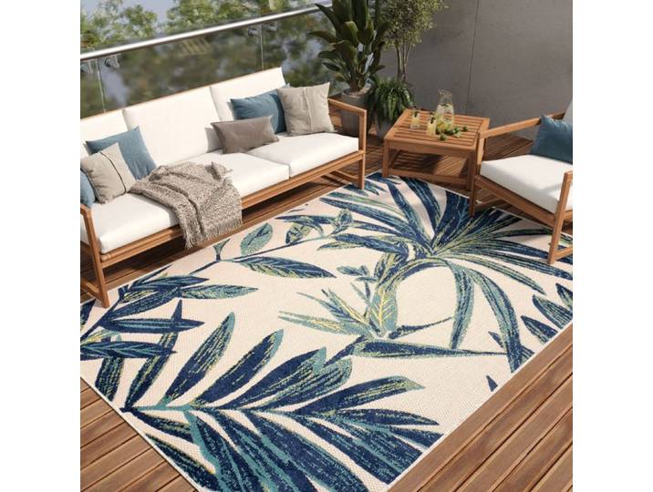 Tapis Extérieur Intérieur TAPISO PATIO Terrasse Bleu Vert Crème Feuilles Résistant Sisal 120x170 cm