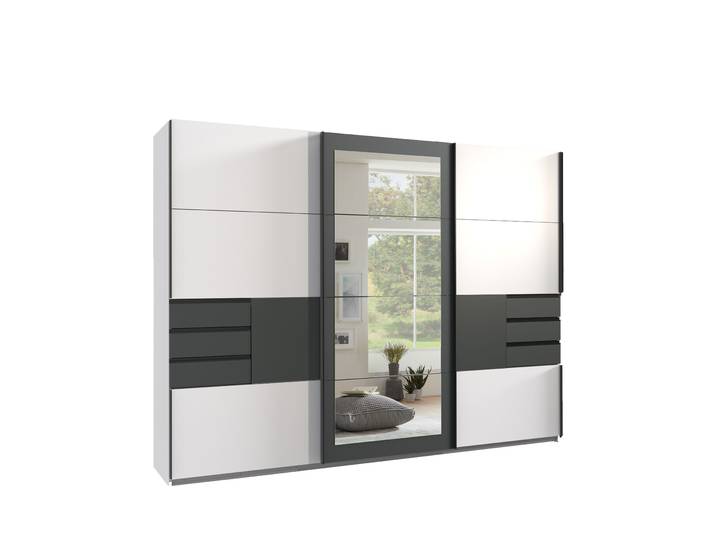 Schwebetürenschrank Kleiderschrank 273 cm Passepartout Schubladen Spiegel Weiß Grafit / 22505