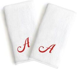 Authentic Hotel and Spa 2-piece White Turkish Cotton Hand Towels with Holiday Red Script Monogrammed Initial