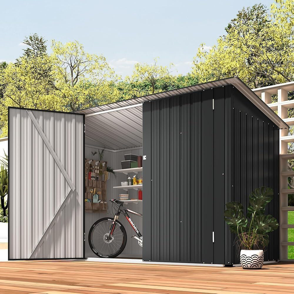 YODOLLA Lockable Galvanised Steel Bike Shed Grey 217.5cm W X 96.5cm D X 141cm H