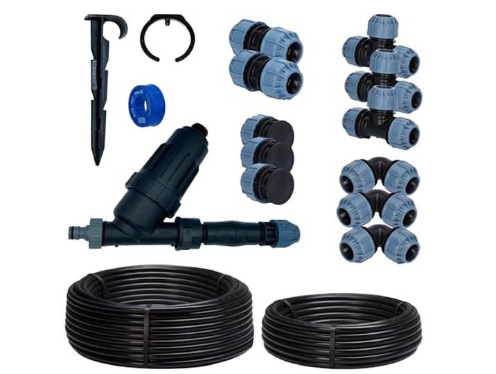 Profi Bewässerung 50m/100m für Hecken, Pflanzreihen & Beete - Premium Tropfbewässerung Komplettset inkl. Druckminderer, Filtereinheit & Klemmkupplungen (50 m)