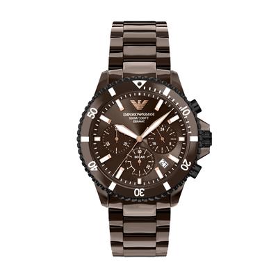 Chronograph EMPORIO ARMANI "WORLD EXPLORER", braun (braun, braun, braun), Armbanduhren, Herren, Chronograph, Armbanduhr, Solar, Keramik, analog, Tag, Stoppfunktion