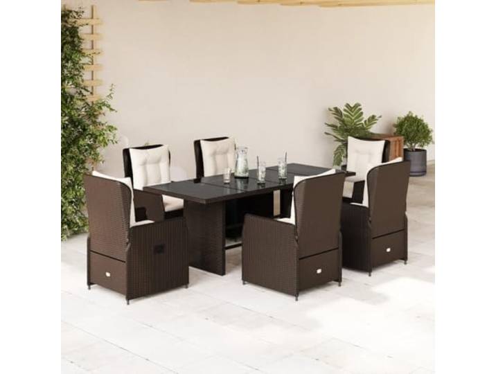 KTHLBRH Gartenmöbel-Set, 7-teilig, mit Kissen aus Polyrattan, Braun Verstellbare Rückenlehnen, waschbare Kissen, Tischplatte aus gehärtetem Glas, 6 verstellbare Sessel