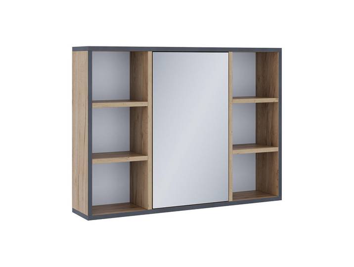 Vicco Badspiegelschrank Stephan Goldkraft Eiche 80 x 59.2 cm mit Regalböden und Spiegeltür, Eichefarben, Holzwerkstoff, Rechteckig, 80x59.2x16.8 cm, Badezimmer, Badezimmerspiegel, Spiegelschränke