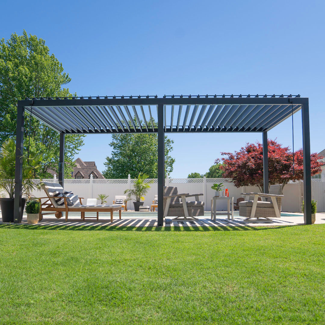 Backyard Discovery Sarasota Louvered Steel Outdoor Patio Pergola With Powerport 6m X 3m (20ft X 10ft) Stainless Steel 252.73cm H X 596.27cm W X 298.15cm D