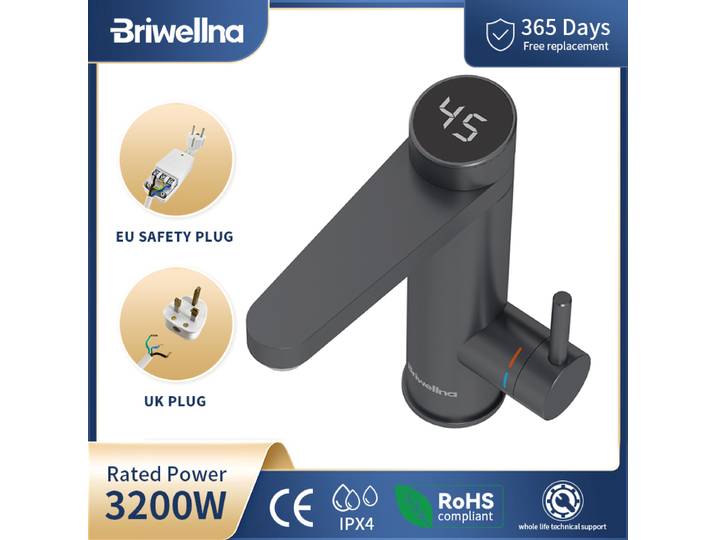 Briwellna robinet électrique en acier inoxydable avec affichage numérique 220V robinet d'eau chaude instantanée 120 ° Robinet chauffant à bec pivotant