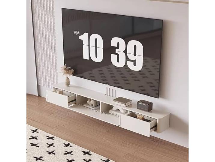 Schwebender TV-Ständer, modernes wandmontiertes Entertainment-Center Mit nach unten gerichteten Schranktüren, Massivholzfurnier lowboard