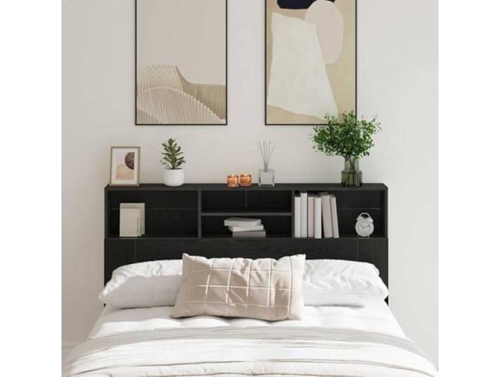 RJPLMFV Bettkopfteil, Eiche, Schwarz, 160 x 19 x 103,5 cm Holzwerkstoff, integrierte Regale, Wandmontage, minimalistischer Stil, pflegeleicht