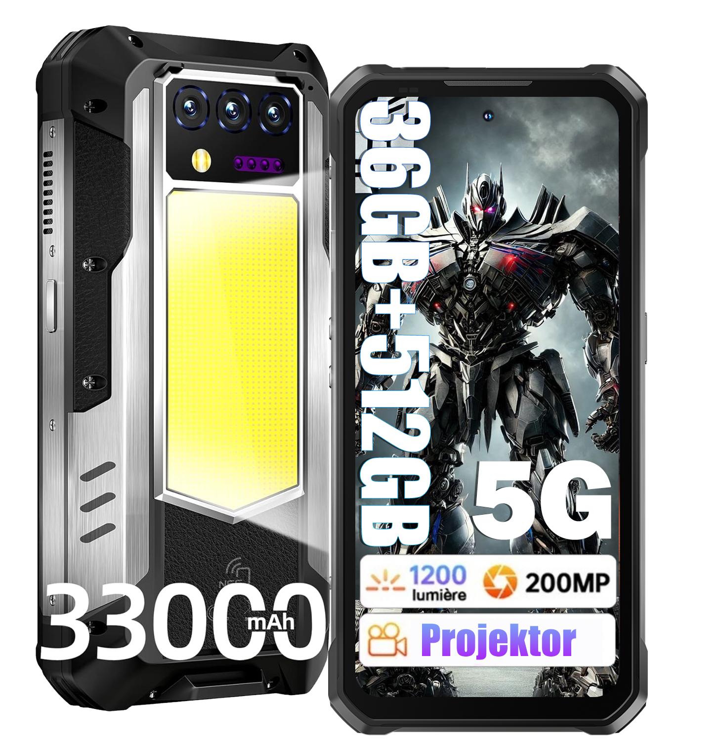 OUKITEL WP100 Titan 5G Outdoor Smartphone mit Projektor - 36GB+512GB - 33000mAh/66W 200MP 6.8'' 120Hz, 1200LM Campinglampe Outdoor Handy IP68 Android